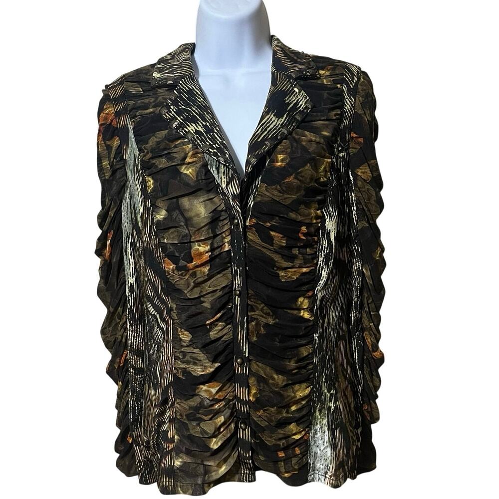 VTG Alberto Makali Crinkle Ruched Blouse L Abstract Artsy Mob Wives Dark Fairy